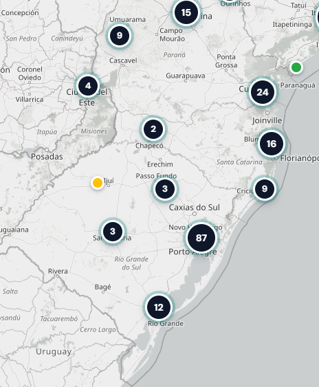 Mapa com a quantidade de unidades do Grupo Rumo Certo no Rio Grande do Sul, Santa Catarina e Paraná